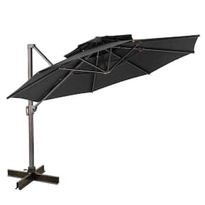 12 ft. Black Polyester Round Tilt Cantilever Patio Umbrella with Stand