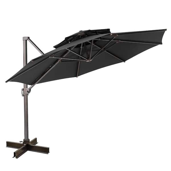 HomeRoots 12 ft. Black Polyester Round Tilt Cantilever Patio Umbrella with Stand