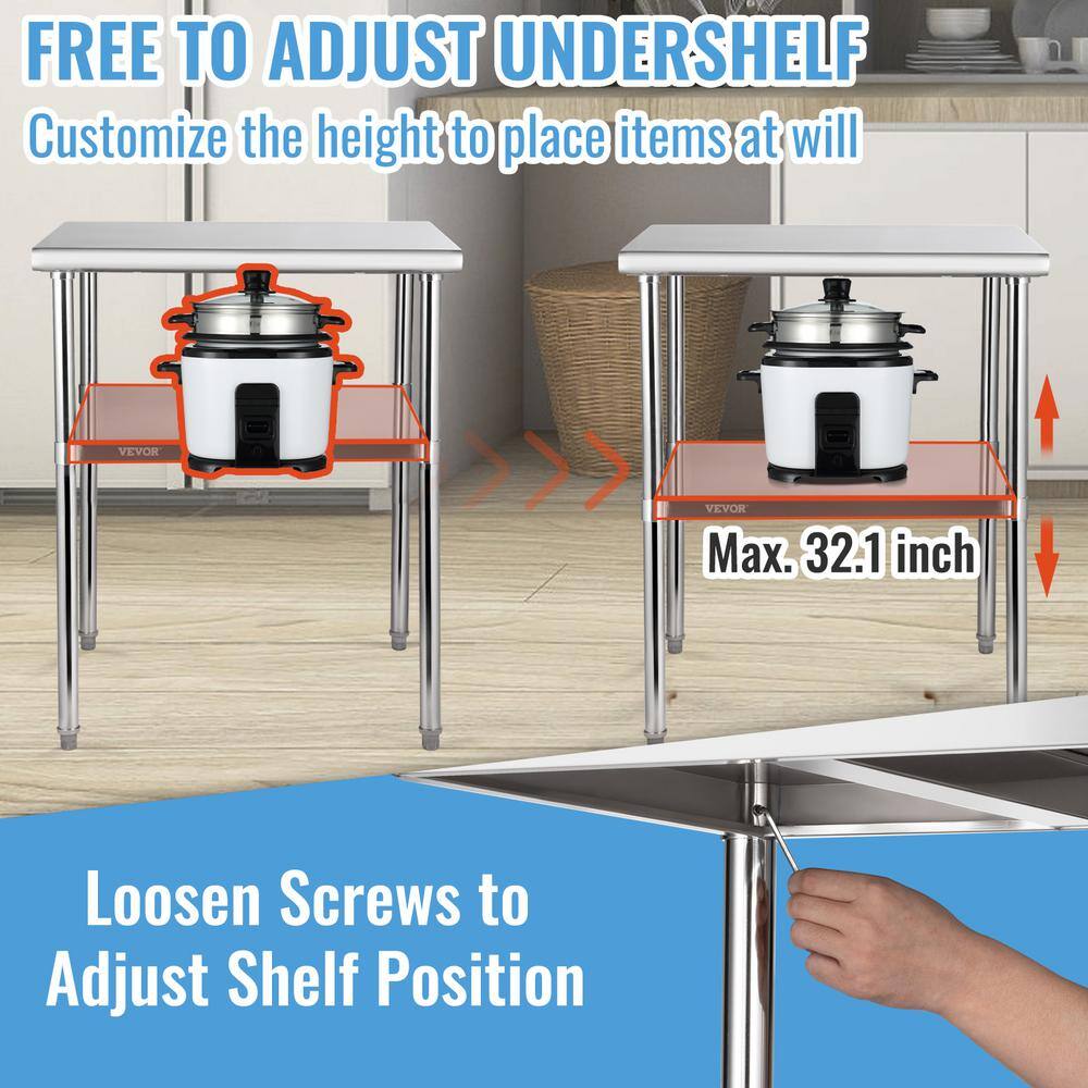 Heavy Duty Stainless Steel Kitchen Prep Table with Adjustable Undershelf