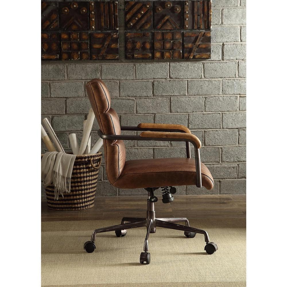 Harith Retro Brown Top Grain Leather Swivel Office Chair