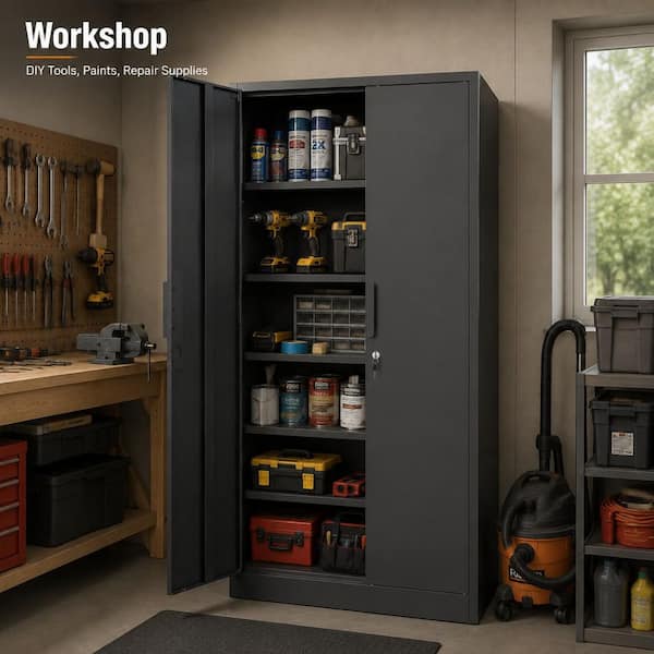 Clihome Black 72 in. 2-Door Garage Storage Office Cabinet with