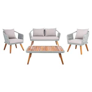Raldin Gray 4-Piece Wood Patio Conversation Set with Gray Cushions