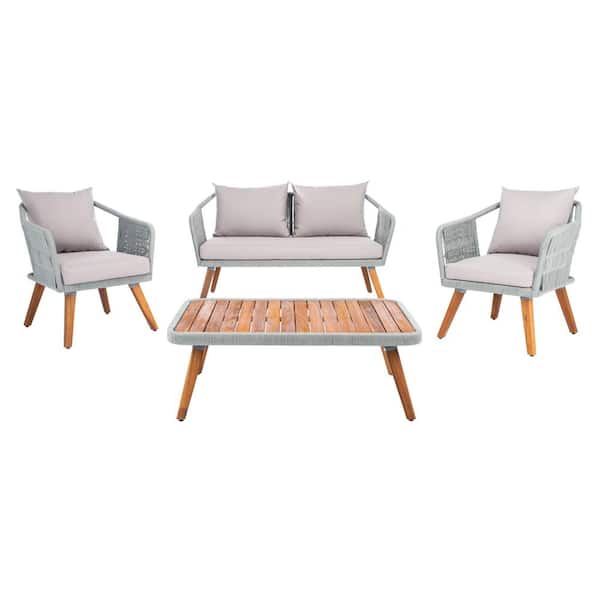 SAFAVIEH Raldin Gray 4-Piece Wood Patio Conversation Set with Gray Cushions