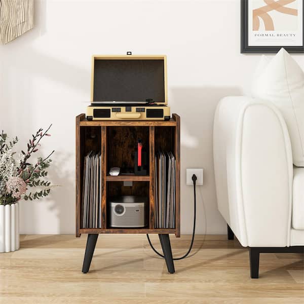 HONEY JOY Brown 0-Drawer 17 in. W Nightstand with Charging Station and USB Ports