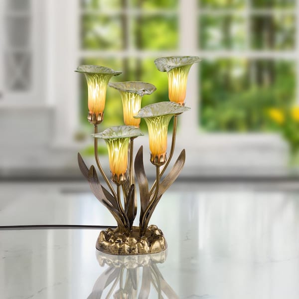 Calla Lilies 5-Light 20 in. Green/Orange Hand Blown Glass Desk Lamp