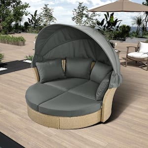 Wicker Outdoor Round Sofa Day Bed with Retractable Canopy, 4-Pillows and Gray Cushions