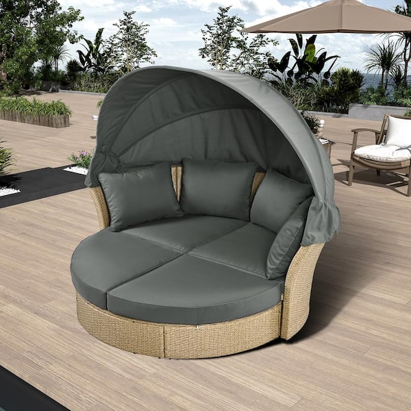 Nestfair Wicker Outdoor Round Sofa Day Bed with Retractable Canopy, 4-Pillows and Gray Cushions