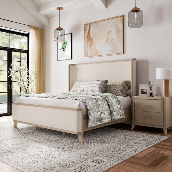 Ellington 2-Piece Natural Oak Fabric Wingback Queen Panel Bedroom Set with Nightstand