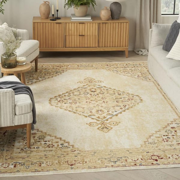 5 ft. x 7 ft. Beige and Ivory Medallion Power Loom Distressed Area Rug