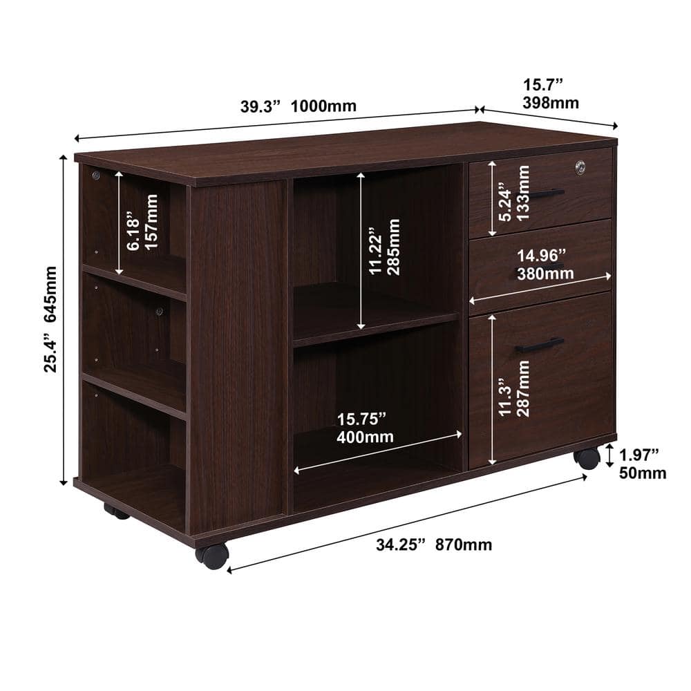 Walnut Mobile 3-Drawer Lockable Filing Cabinet with Open Shelves