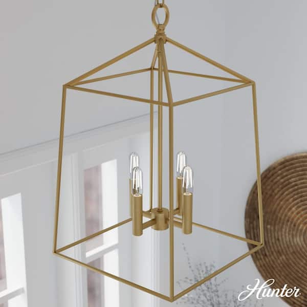 Hunter Fair Oaks 4-Light Luxe Gold Lantern Linear Chandelier for Kitchen Island with No Bulbs Included