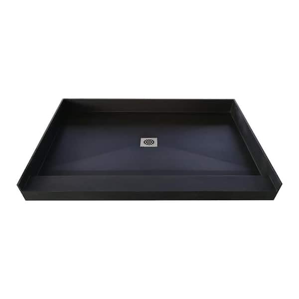 60 in. L x 34 in. W Alcove Tileable Shower Pan Base with Center Drain in Black