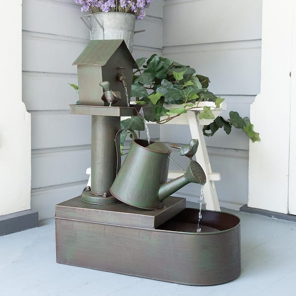 24 in. Tall Indoor/Outdoor Birdhouse and Watering Can Floor Water Fountain