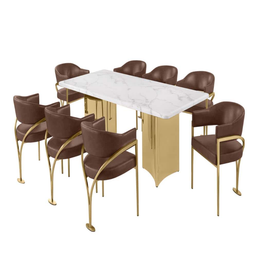 Judy 9-Piece Rectangle White Marble Top Gold Stainless Steel Base Dining Set With 8 Mocha Color Chairs price history on PriceWatchPro