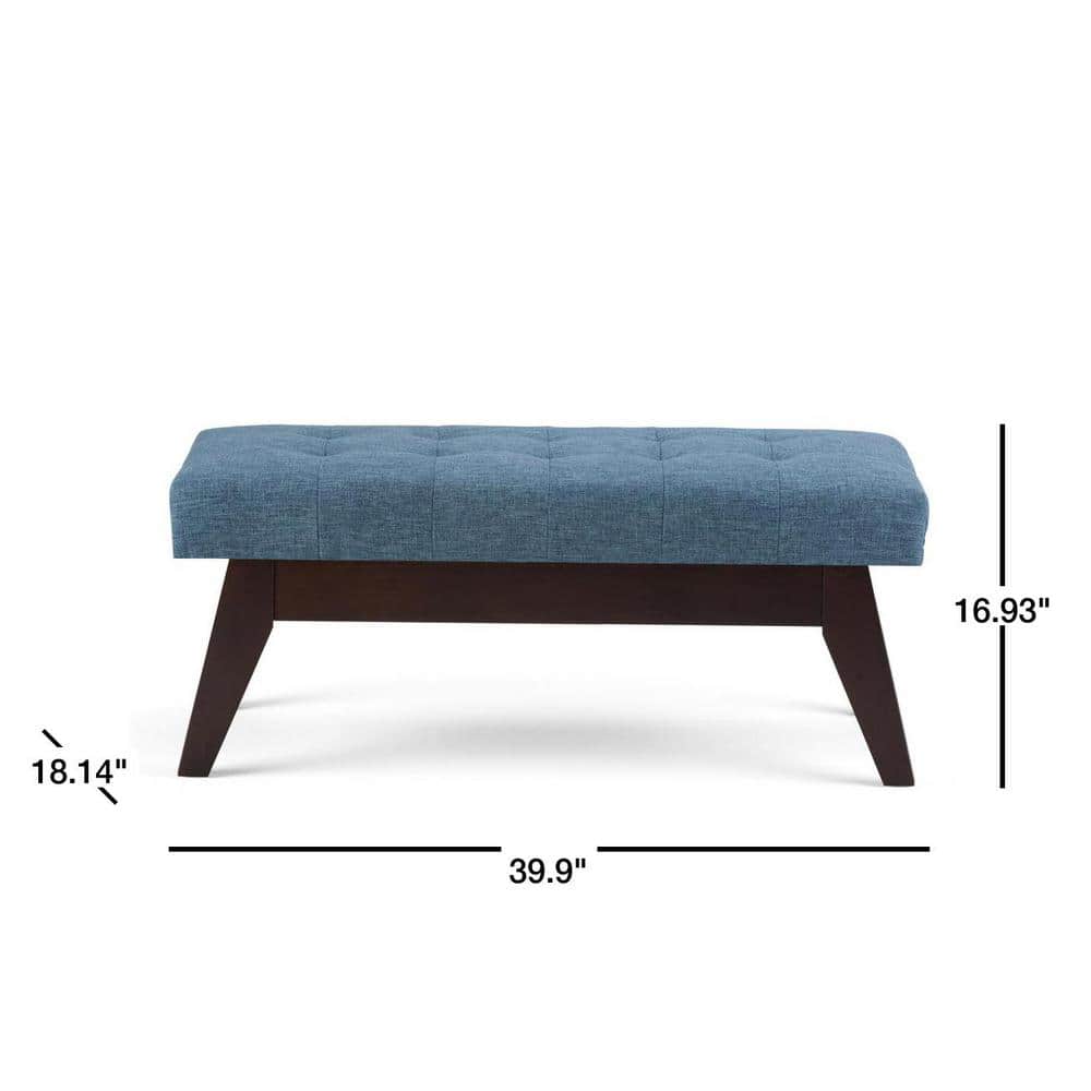 Draper Mid Century Tufted Ottoman Bench in Denim Blue Linen
