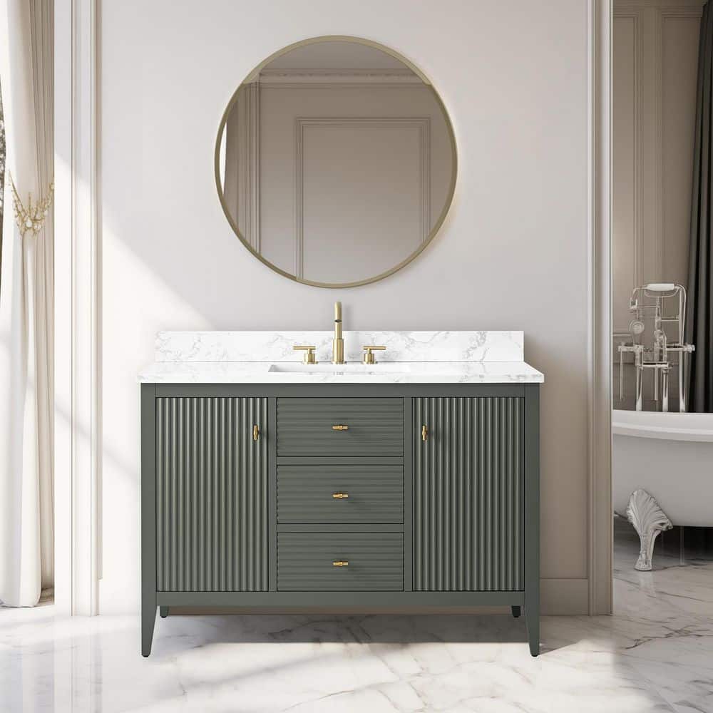 48 in. W x 22 in D x 38 in. H Single Sink Bath Vanity Cabinet in Linear Vintage Green with White Engineered Marble Top price history on PriceWatchPro