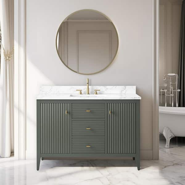 Vanity Art 48 in. W x 22 in D x 38 in. H Single Sink Bath Vanity Cabinet in Linear Vintage Green with White Engineered Marble Top