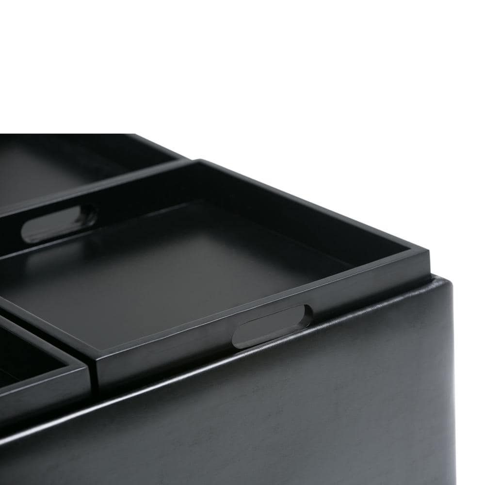 Midnight Black Faux Leather Coffee Table Ottoman with Trays