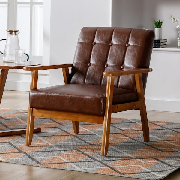 Mid-Century Upholstered Dark Brown PU Leather Accent Arm Chair with Solid Wood Frame