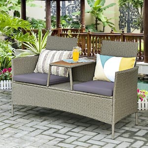 1-Piece Wicker Outdoor Loveseat Sofa Double Conversation Set with Grey Cushion & Built-in Table