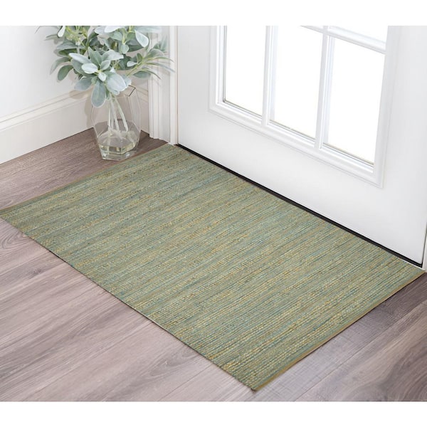 3 ft. x 5 ft. Aqua Beige and Brown Jute Striped Flatweave Handmade Area Rug