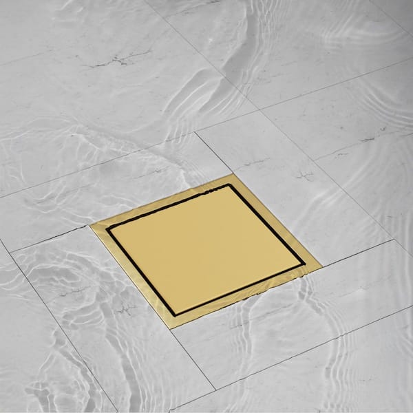 6 in. Square Stainless Steel Drain with Drain Strainer and Lifting Key in Brushed Gold