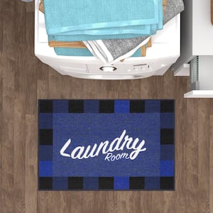 Laundry Collection Non-Slip Rubberback Checkered Border 2x3 Laundry Room Entryway Mat, 26 in. x 35 in., Blue