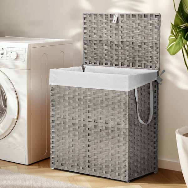 Unbranded Gray 22.4 in. x 23.6 in. Polyethylene Hand-Woven Rattan Laundry Decorative Basket with Lid, Foldable, Removable Liner