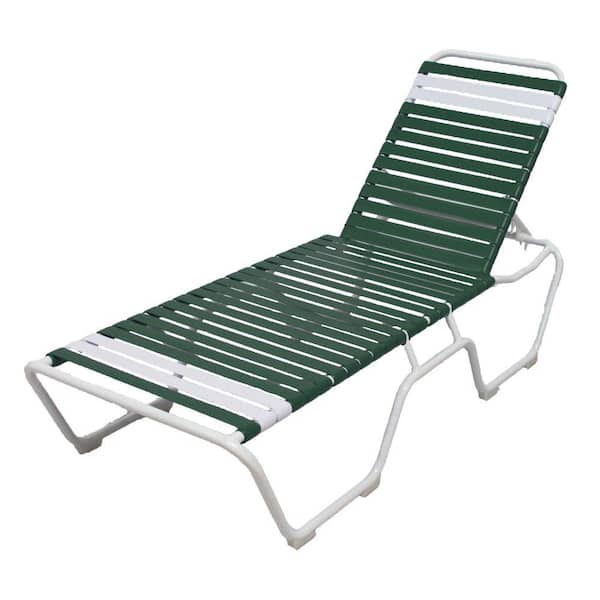 Unbranded Marco Island White Commercial Grade Aluminum Vinyl Strap Outdoor Chaise Lounge in Green and White (2-Pack)