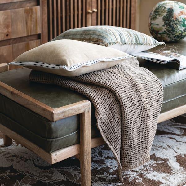 31 in. Natural & Olive Green Daybed Bench with Distressed Leather Cushion