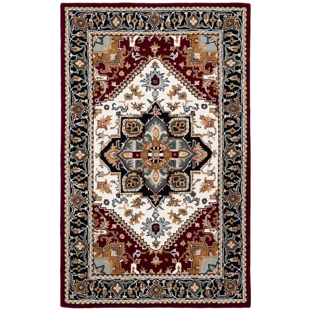 Ivory and Red Hand-Tufted Wool 5' x 8' Area Rug