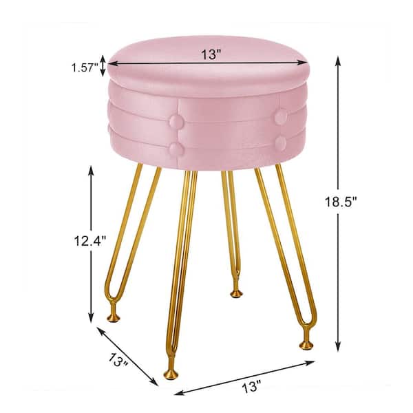 Vanity Stool with Storage, Pink (Styke 2) Velvet Makeup Chair, Metal Legs, Anti-Slip Feet for Bedroom, Living Room