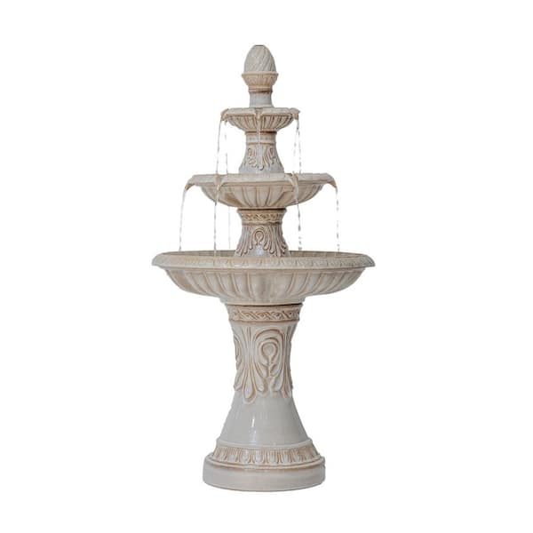 Xbrand 47 in H Freestanding Garden 3-Tiered Outdoor Waterfall Fountain w/Leaf Details, Ceramic, Beige