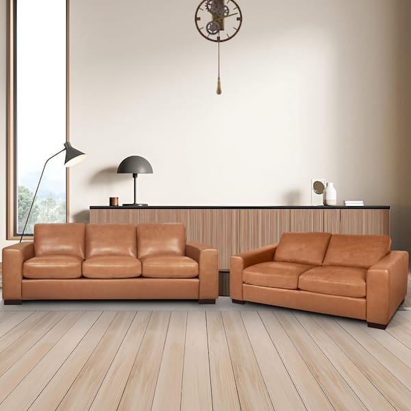 HOMESTOCK Square Arm Contemporary Oversized Genuine Leather Loveseat, and Sofa set for Living Room in Tan