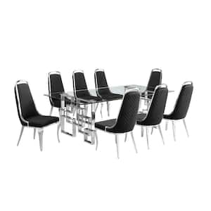 Dominga 9-Piece Glass Top 46" with Stainless Steel Set with 8 Black Velvet Chairs.