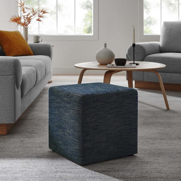 Callum 17 in. Square Woven Heathered Fabric Upholstered Ottoman in Heathered Weave Azure