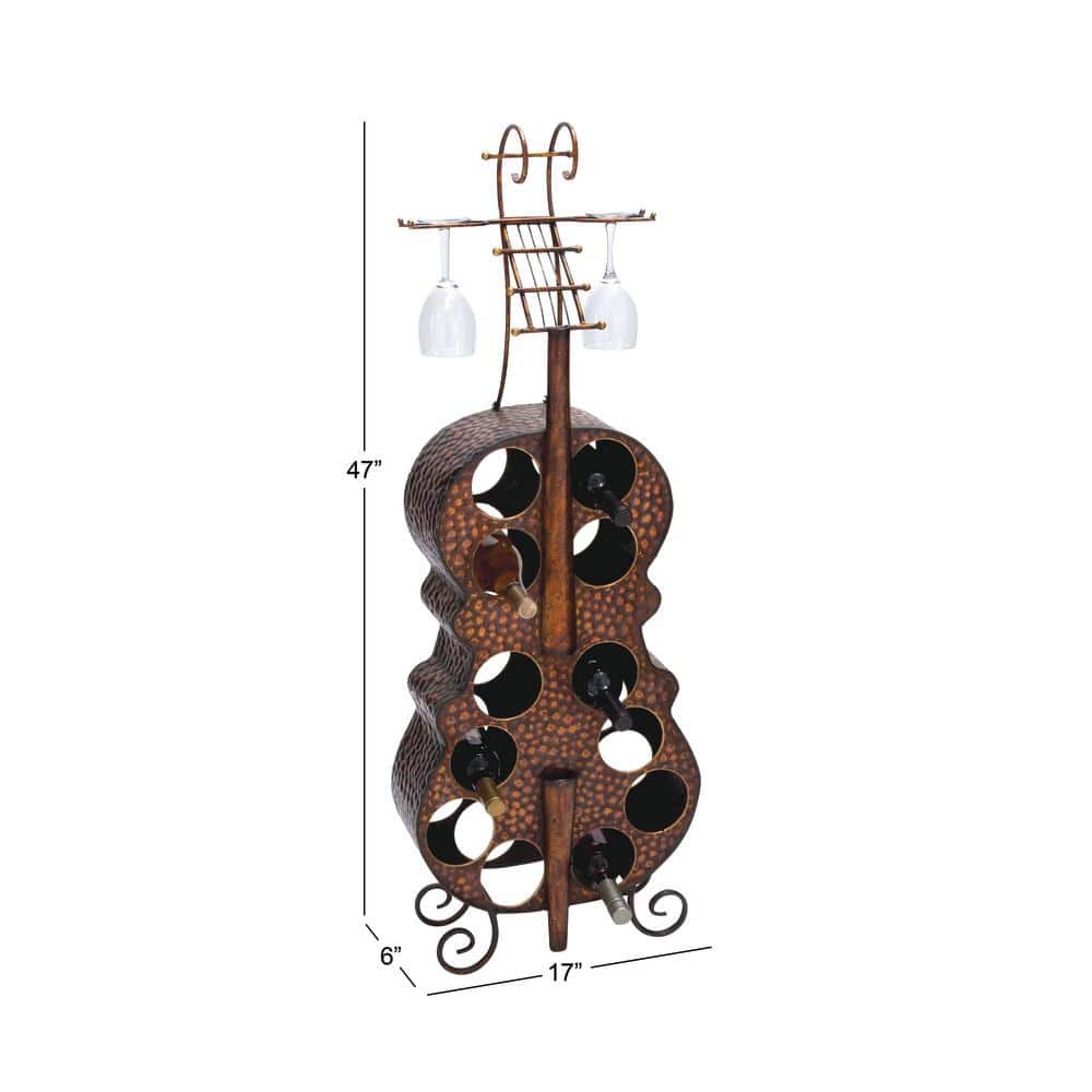 Antique Brass Cello Shaped Metal Wine Rack with Leaf Pattern