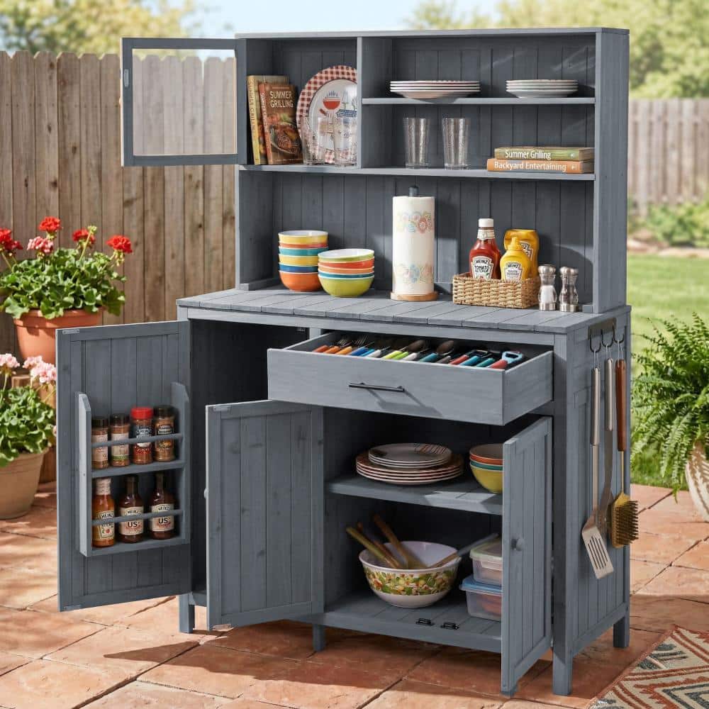 44.6 in. W × 65 in. H Gray Potting Bench with Adjustable Shelves, Spice Rack, Side Hook, Drawer, Hutch price history on PriceWatchPro