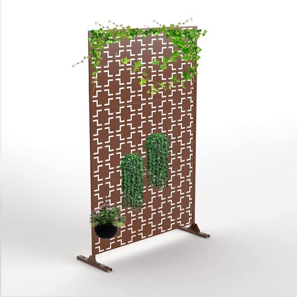 Tunearary 76 in. H Brown Galvanized Steel Outdoor Privacy Screens Garden Panels with Stand for Patio Backyard
