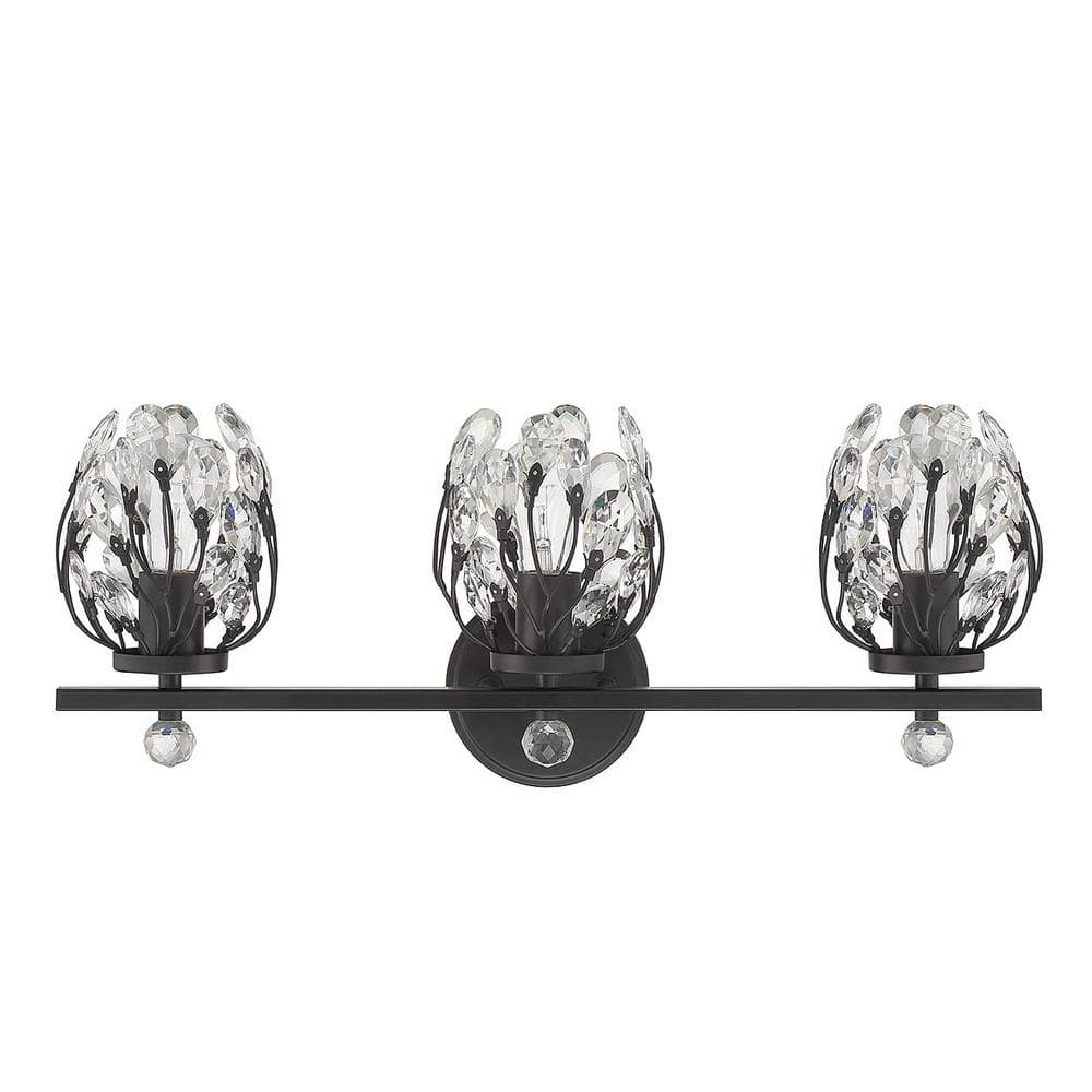 Moreno Matte Black 3-Light Vanity with Clear Crystal Buds