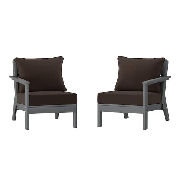 WESTIN OUTDOOR Birchwood Gray Arrangeable Outdoor Patio 2-Piece Deep Seating HDPE Loveseat Arm Chair Set with Brown Cushions