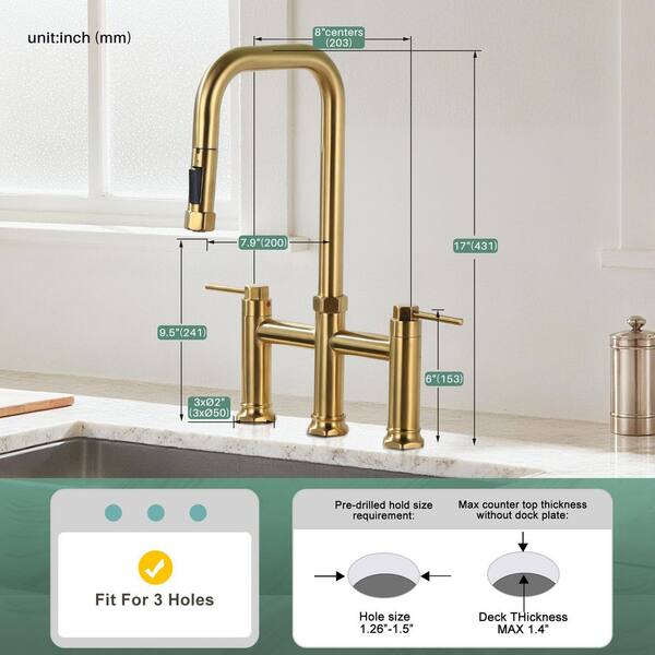 WOWOW 3 Holes Double Handle Bridge Kitchen Faucet with Pull Down 