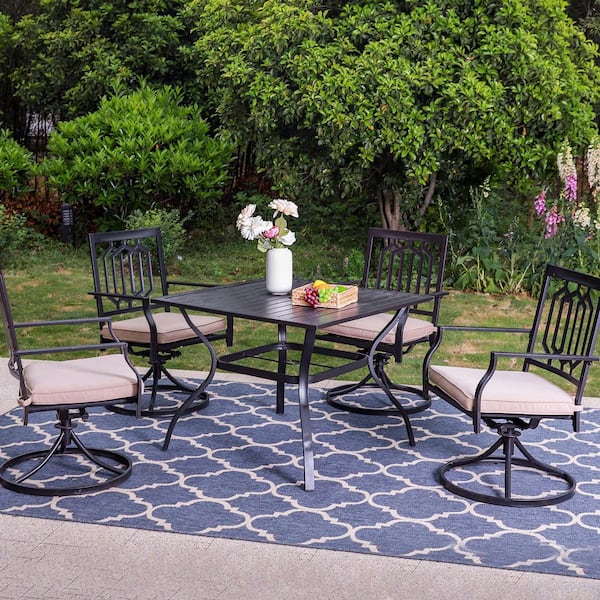 PHI VILLA Black 5-Piece Metal Slat Square Table Patio Outdoor Dining Set with Swivel Chairs with Beige Cushions