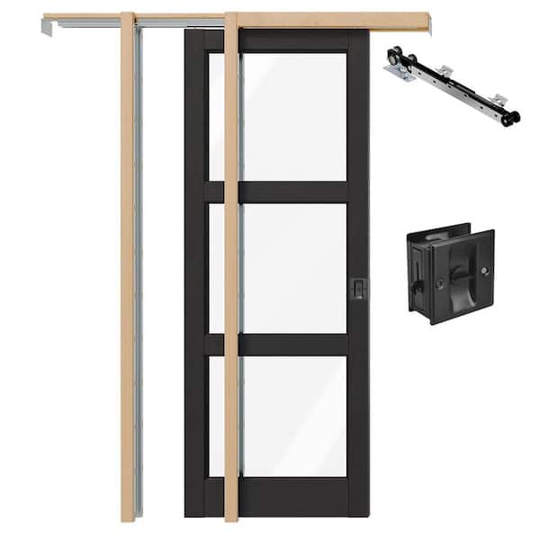 30 in. x 80 in. Black PVC Covering Wood 3 Lite Clear Glass Sliding Pocket Door with Frame, Black Lock & Soft Close Incl.