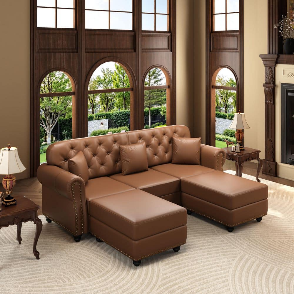 82.6 in. Rolled Arm Faux Leather Sofa in Brown with Nailhead Trim,Rolled Armrests,3 Ottomans and 3 Pillows price history on PriceWatchPro