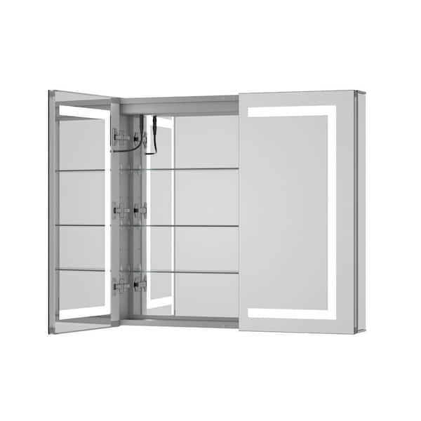 KeonJinn 36 in. W x 30 in. H Rectangular LED Lighted Anti-Fog Tempered Glass Aluminum Medicine Cabinet with Mirror in Silver