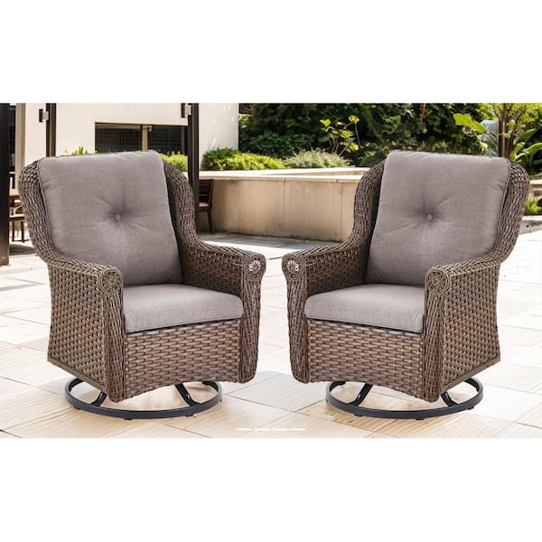 Opohoro Chryswirl Metal and Brown Wicker Outdoor Rocking Chair Patio Swivel Chairs with Olefin Gray Cushions (2-Pack)