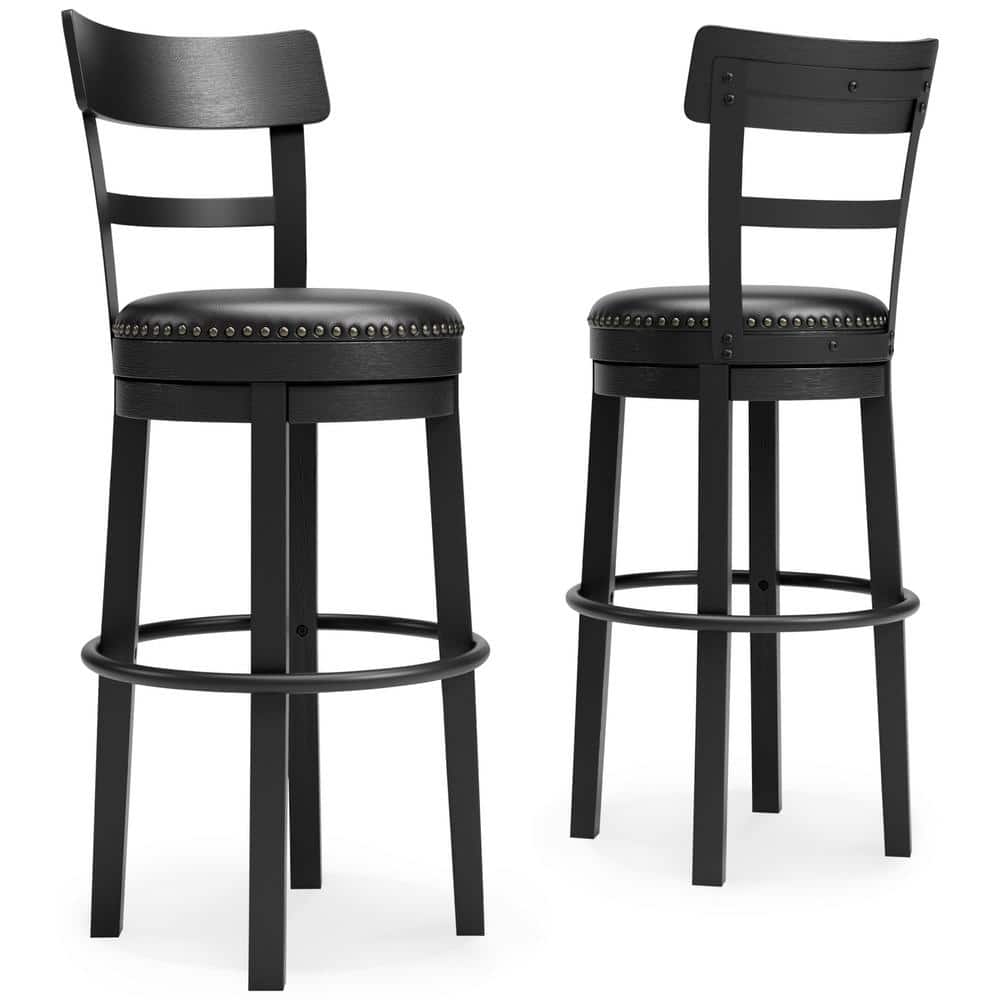Transitional Black Wood Swivel Barstool with Nailhead Trim