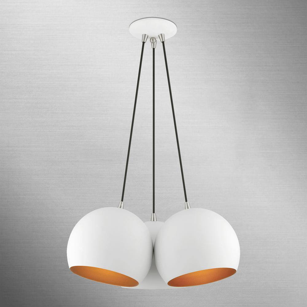Piedmont 3-Light White Globe Pendant with Gold Interior & Brushed Nickel Accents