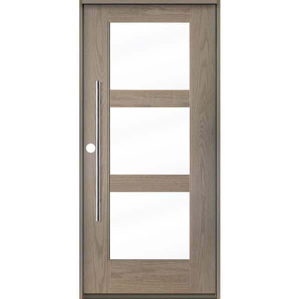 Krosswood Doors Faux Pivot 36 in. x 80 in. 3-Lite Right-Hand/Inswing Clear Glass Oiled Leather Stain Fiberglass Prehung Front Door
